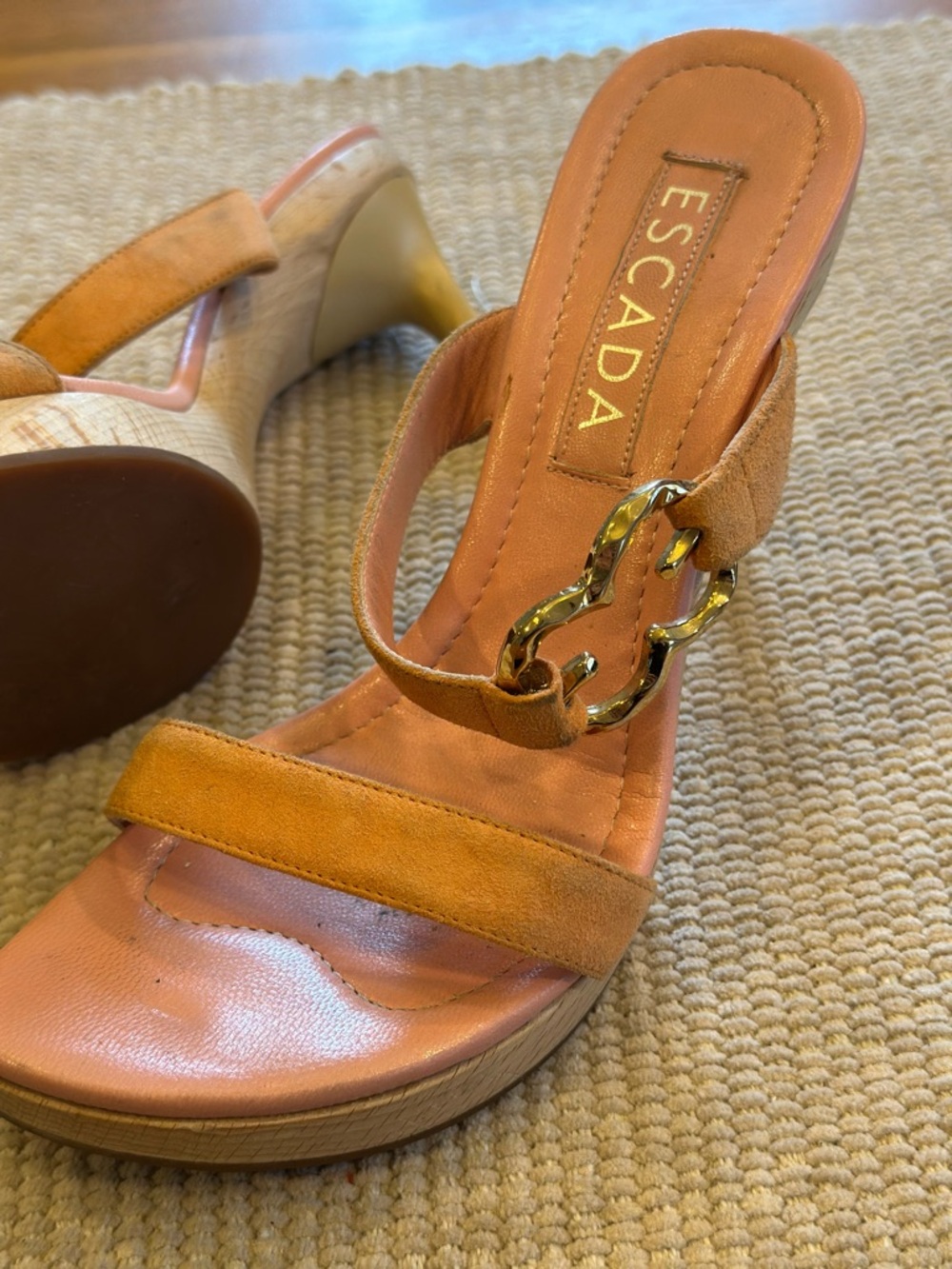 Escada Tan Suede Open-Toe Heeled Sandals with Gold Chain Accent
